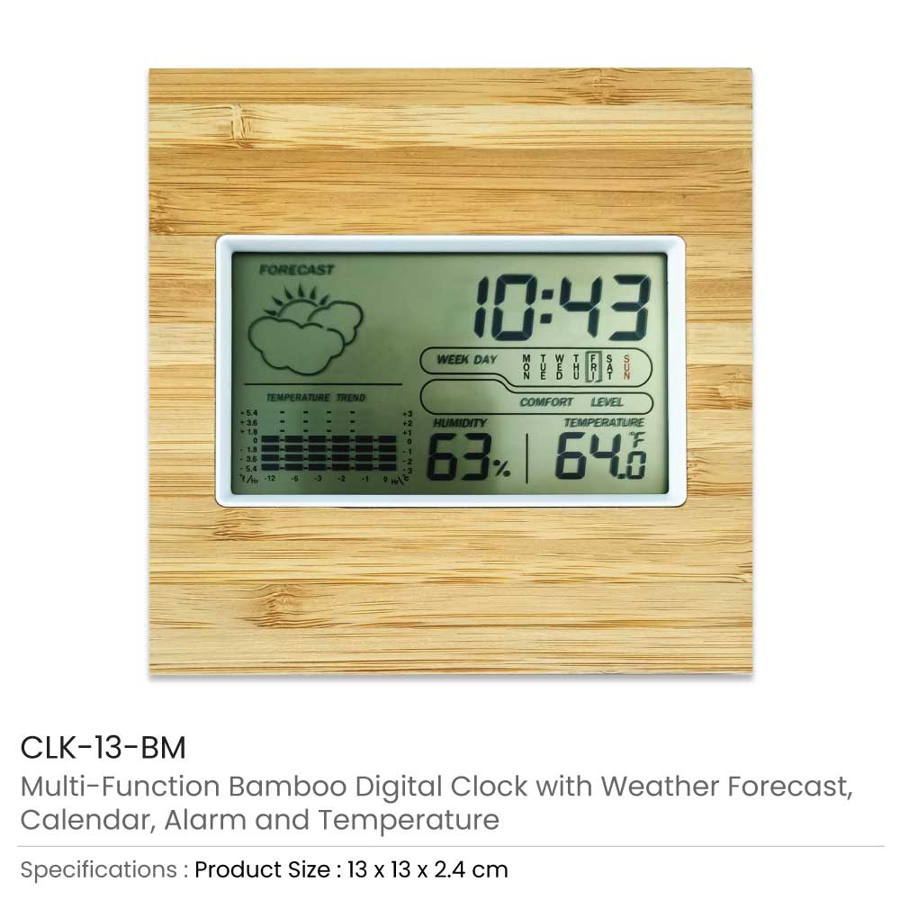 Multi-Function Bamboo Digital Clock with Weather Forecast, Calendar, Alarm, Temperature 3