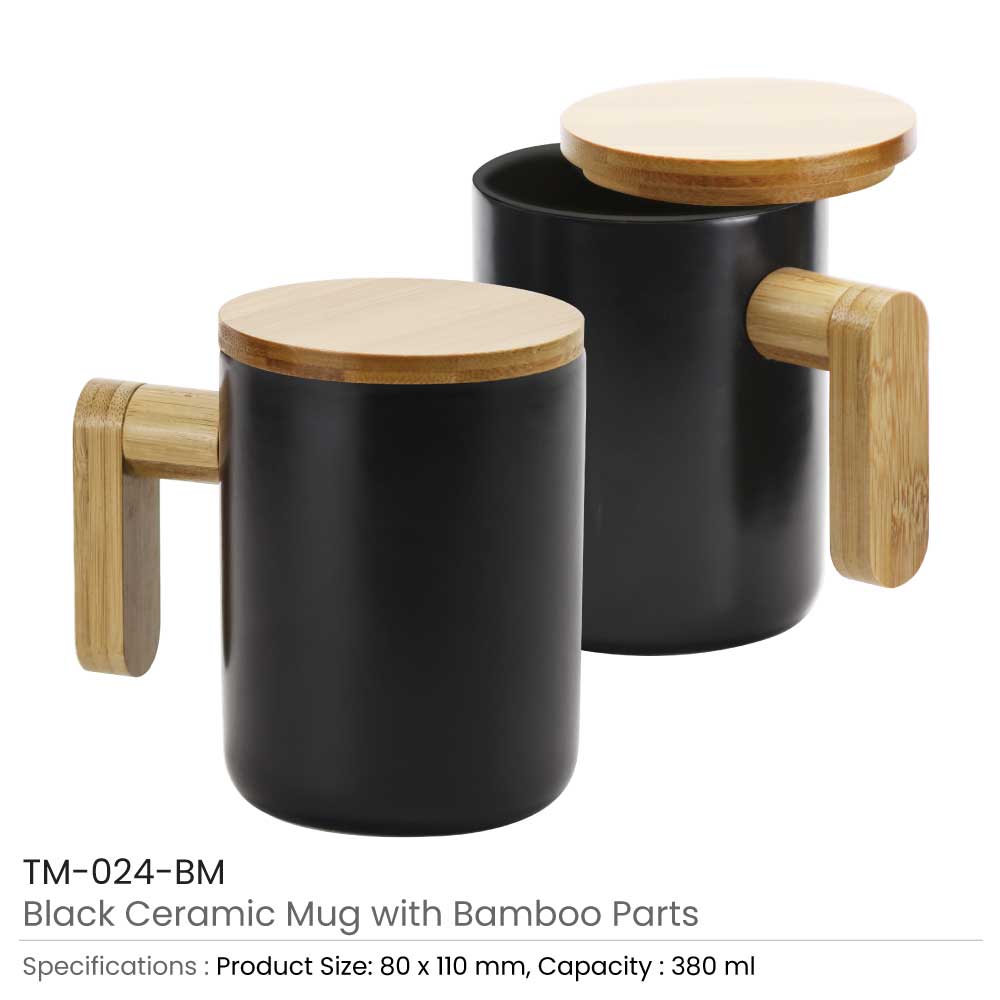Black Ceramic Coffee Mugs with Bamboo Handle and Lid 3