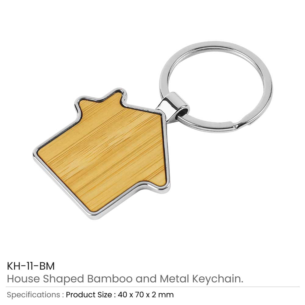 Bamboo and Metal Keychain House Shaped 32mm 3