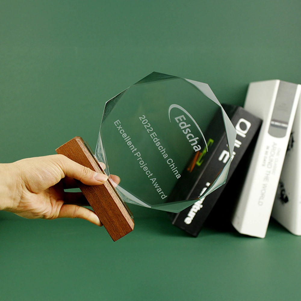 Wood Base Hexagonal Crystal Award 3