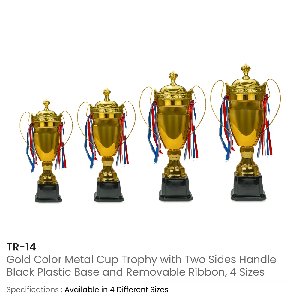 Metal Close Cup Trophies with Two-Sided Handle & Attached Ribbons thumbnail 1