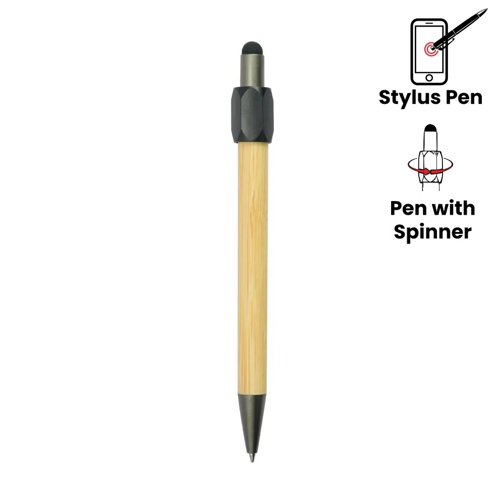 Bamboo and Metal Stylus Pens with Top Spinner (Blue Ink) 1