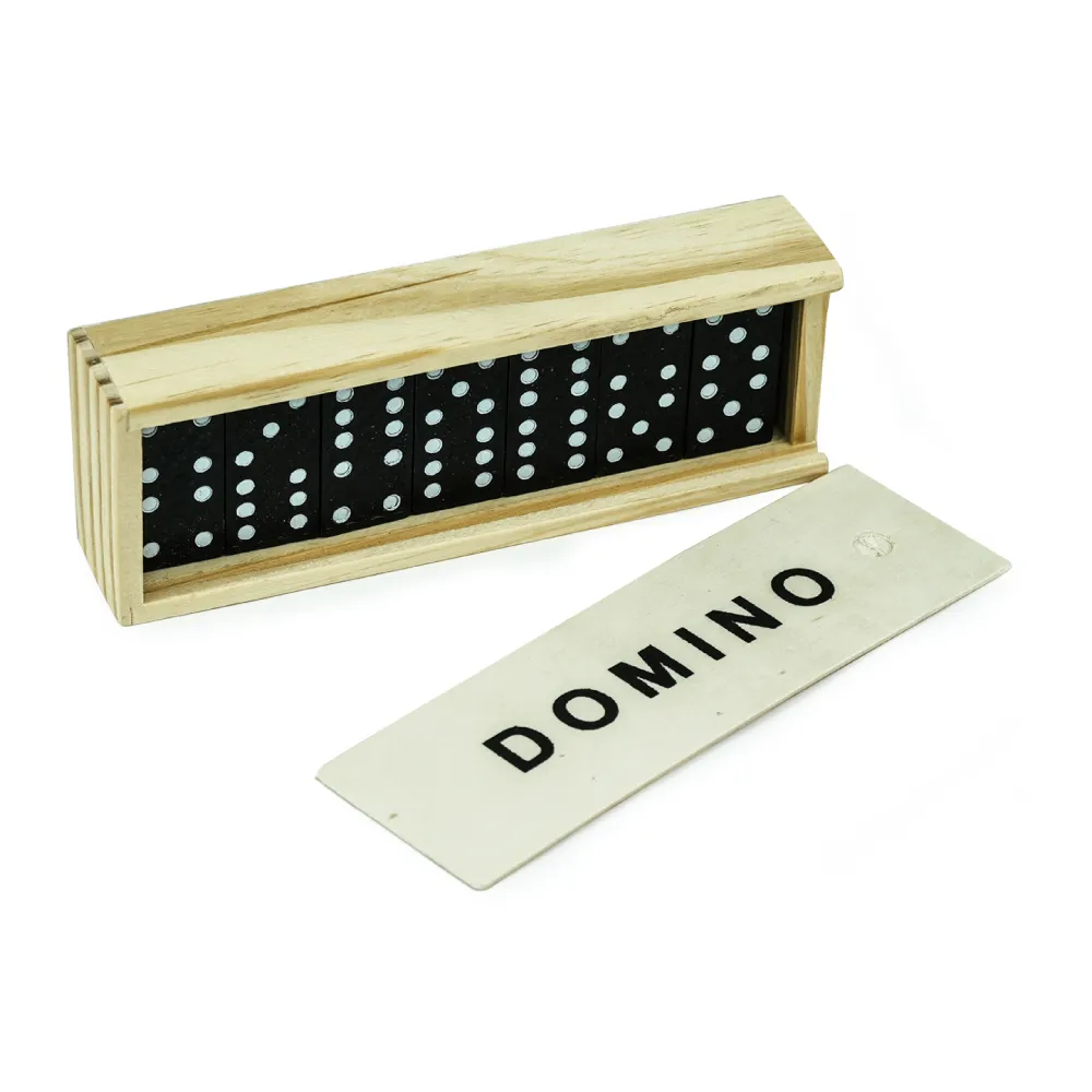 Domino Set Game in Wooden Slide Box & 28 Black Wooden Pieces