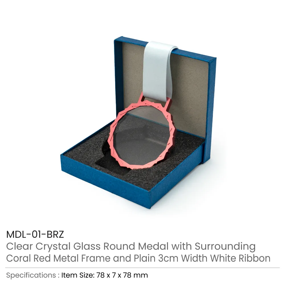 Glass Medals with Metal Frame, 3cm White Ribbon with Box 2