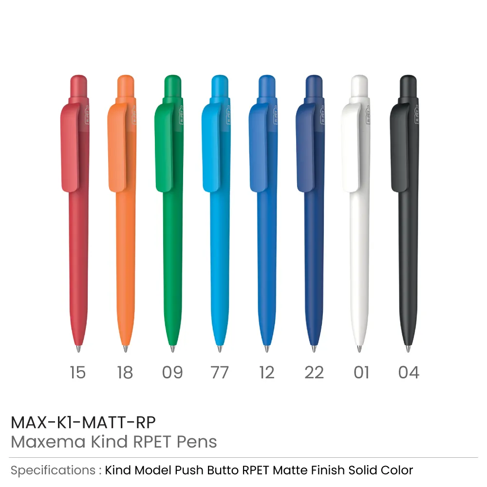 Maxema Kind rPET Pens, Matte Solid Color, Push Button Clip, Blue Ink 9