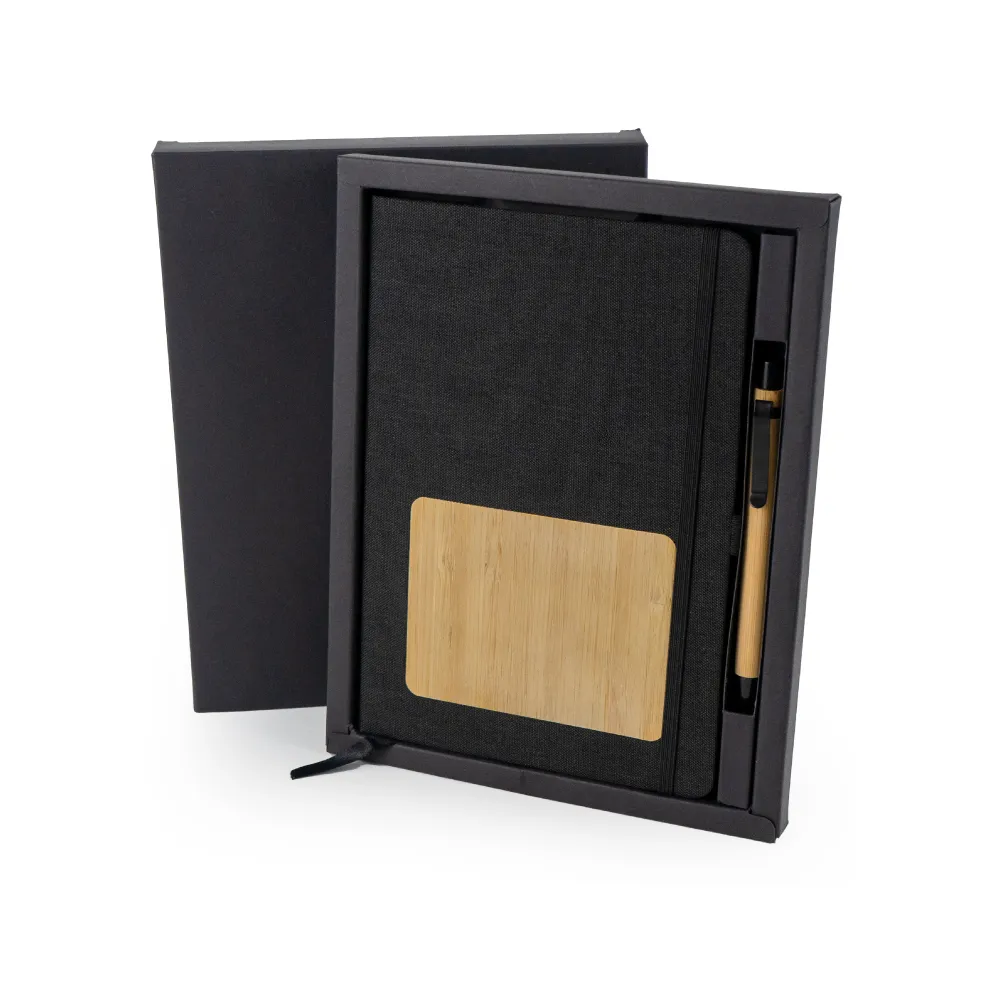 rPET and Bamboo Notebook with Pen Gift Sets in Black Cardboard Slide Box 6