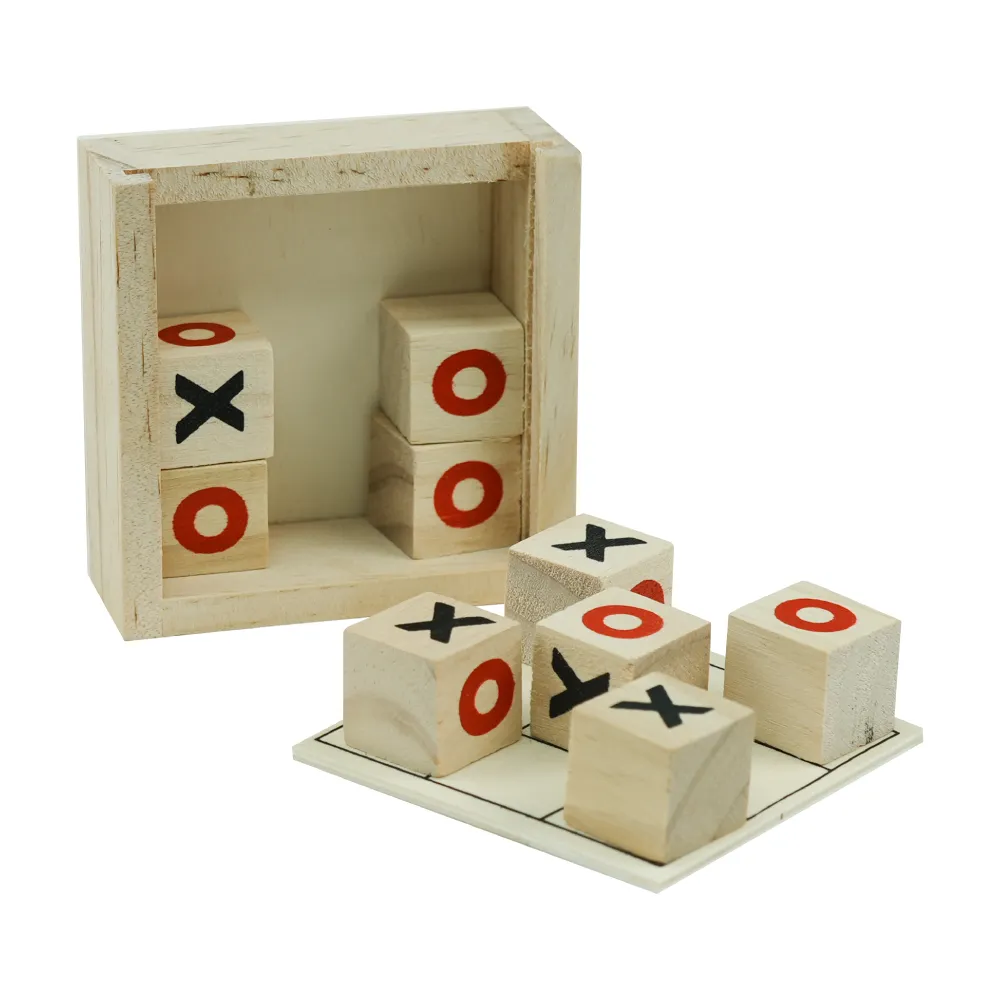 Tic-Tac-Toe Wooden Board Game with Slide Storage Box & 9 Wooden Cubes 8