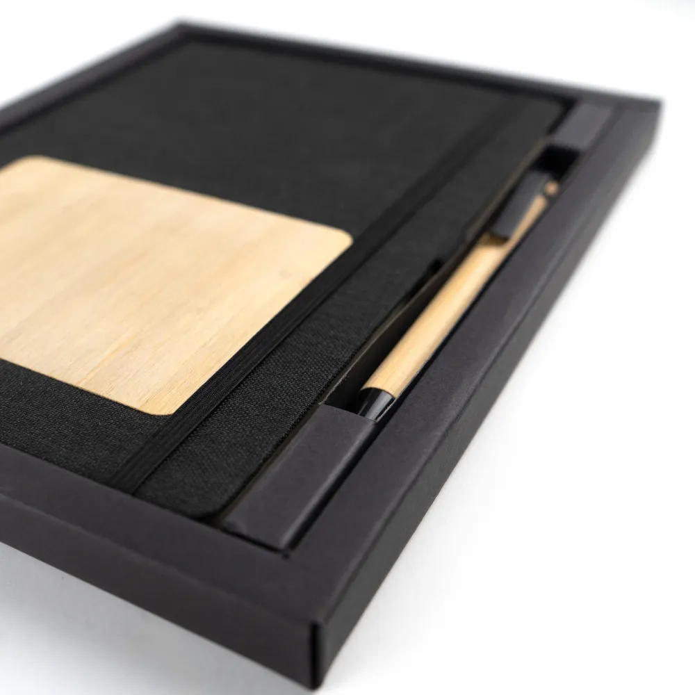 rPET and Bamboo Notebook with Pen Gift Sets in Black Cardboard Slide Box 3