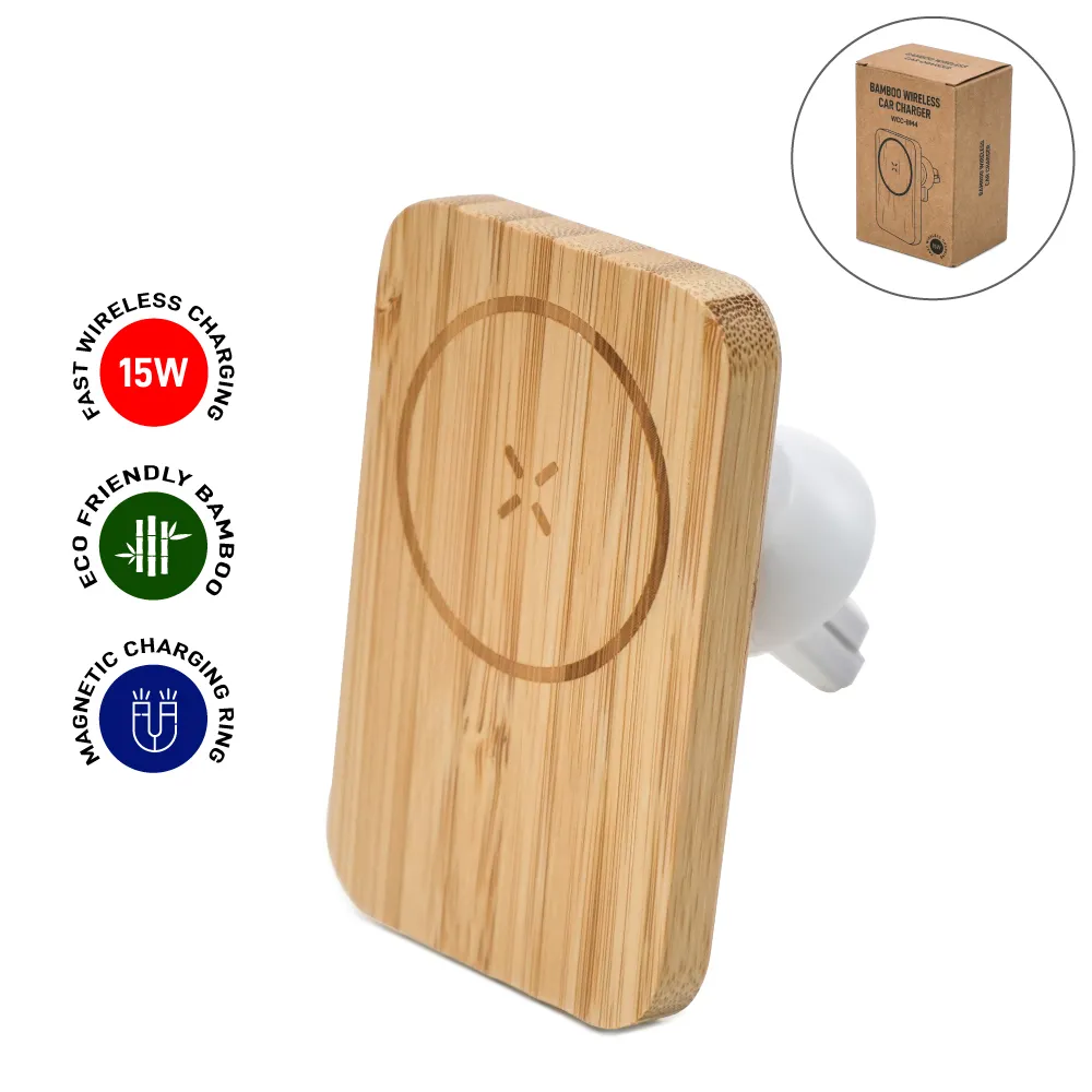 Bamboo Wireless Car Charger 15W Fast Charging & Type C thumbnail 1