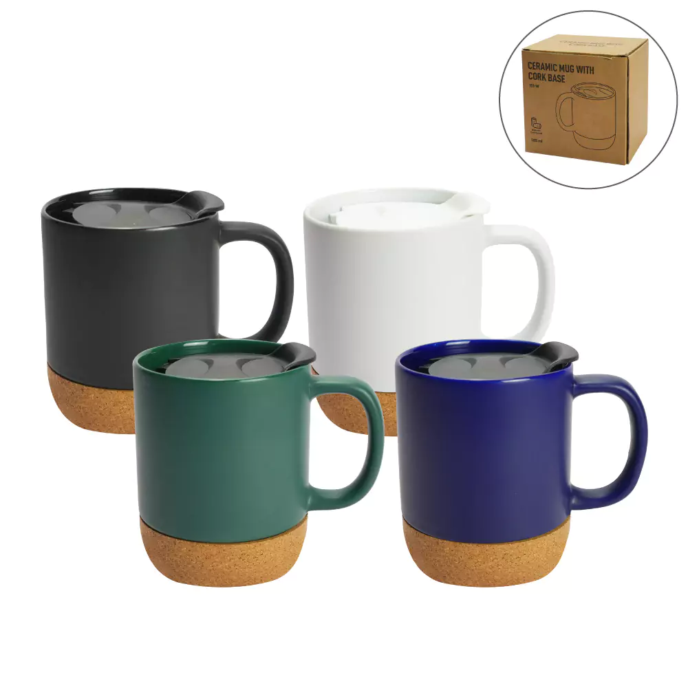 Ceramic Mugs with Lid and Cork Base 385 ml 13