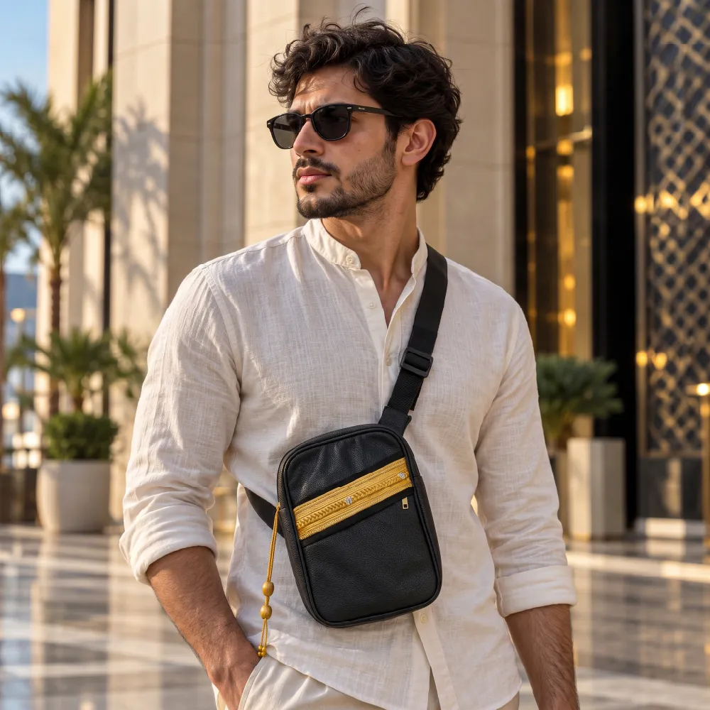 Crossbody Bag in PU Leather with Arabic Traditional Gold Bisht Design 8