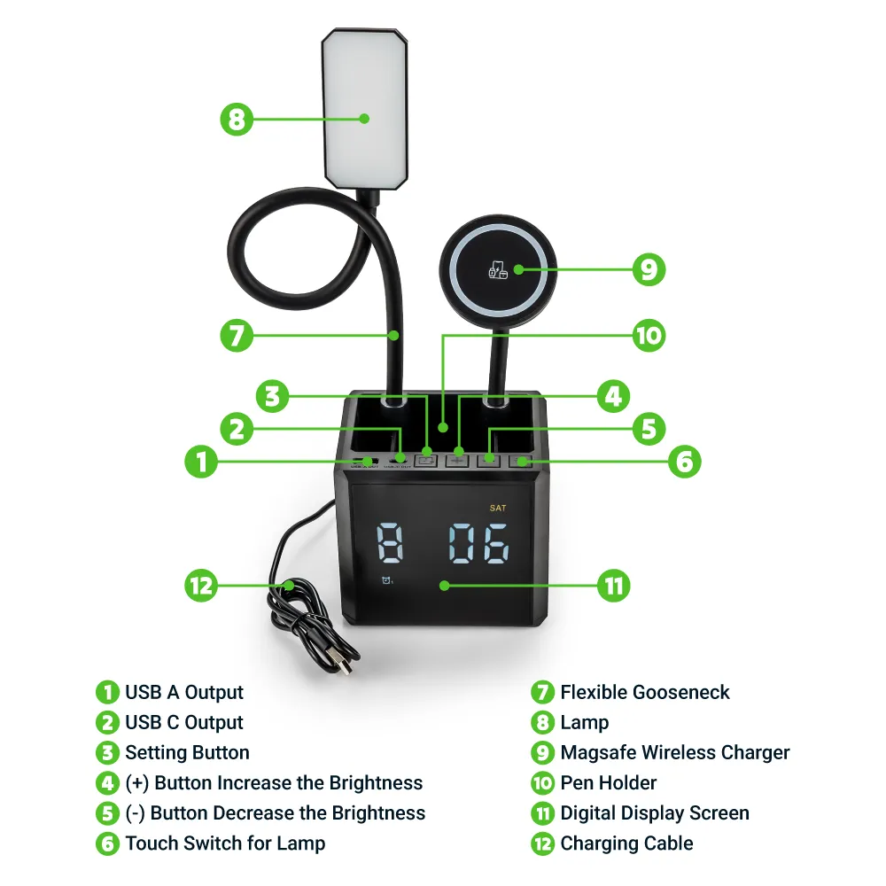 Multi-functional Desk Lamp with 15W Fast Wireless Charger & Digital Clock 5