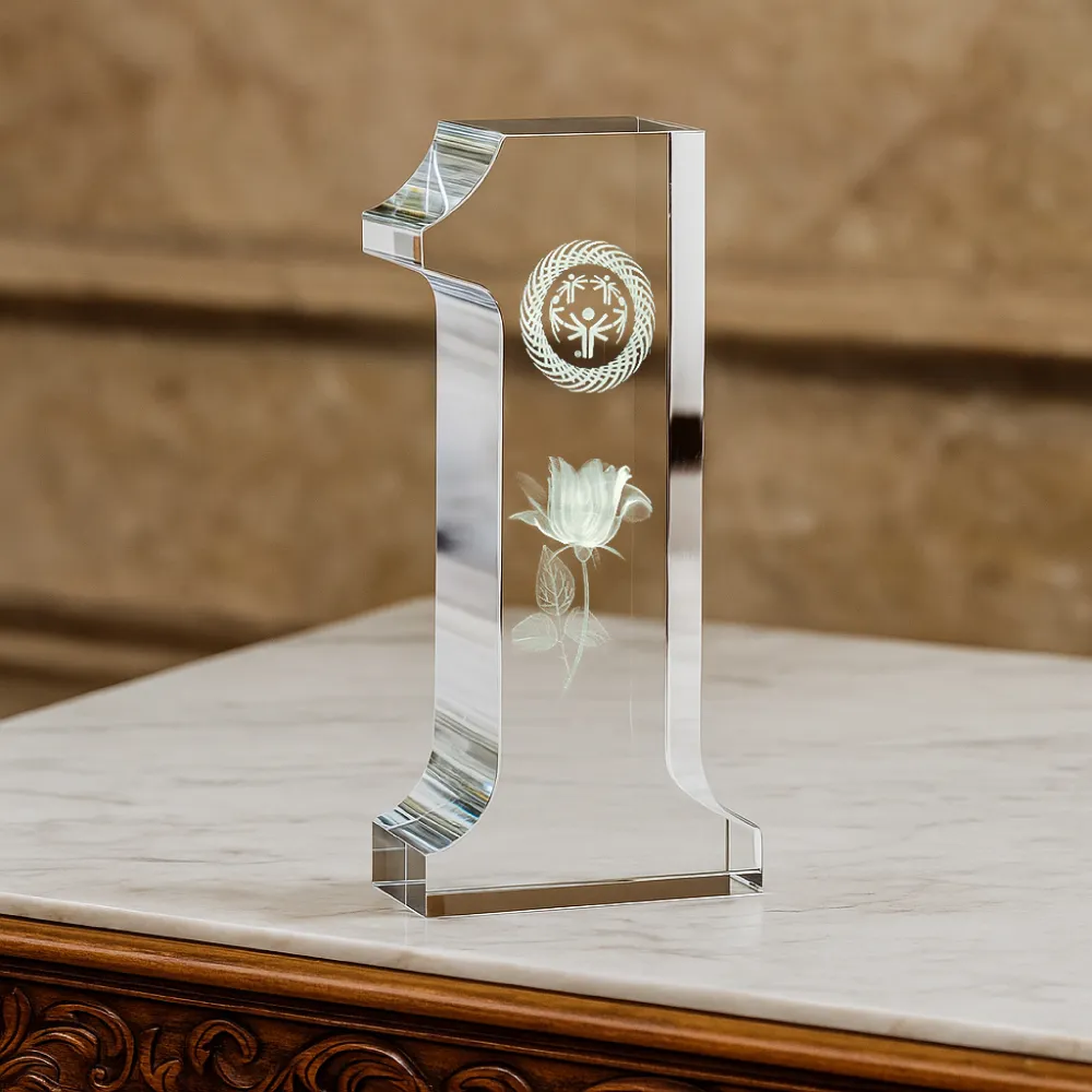 Crystal Glass Trophy in Number One Shape with Gold Lock Closure Box 8