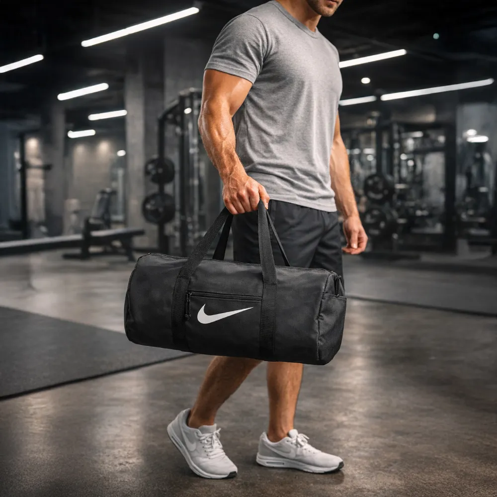 Duffle Gym Bags with Zipper Closure in Black Polyester Material 8