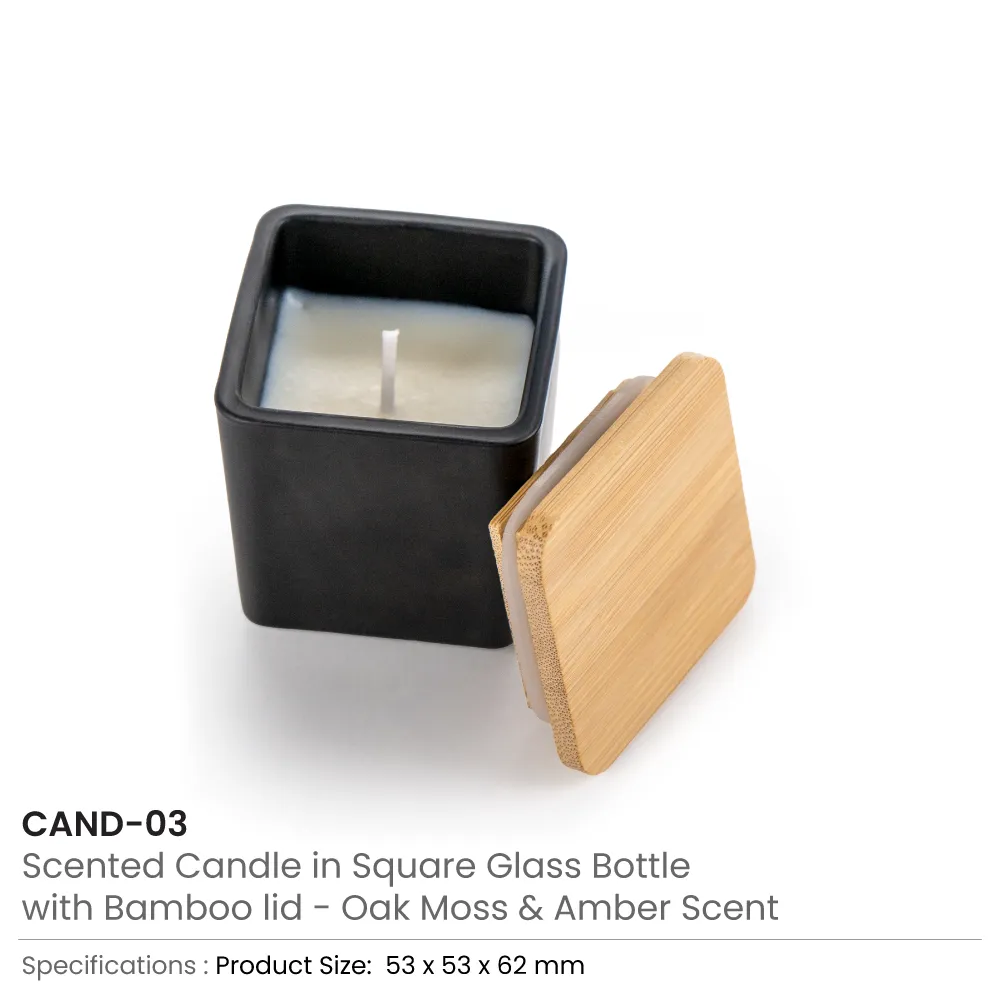 Scented Candle in Square Glass Bottle, Bamboo Lid, Oakmoss & Amber Scent