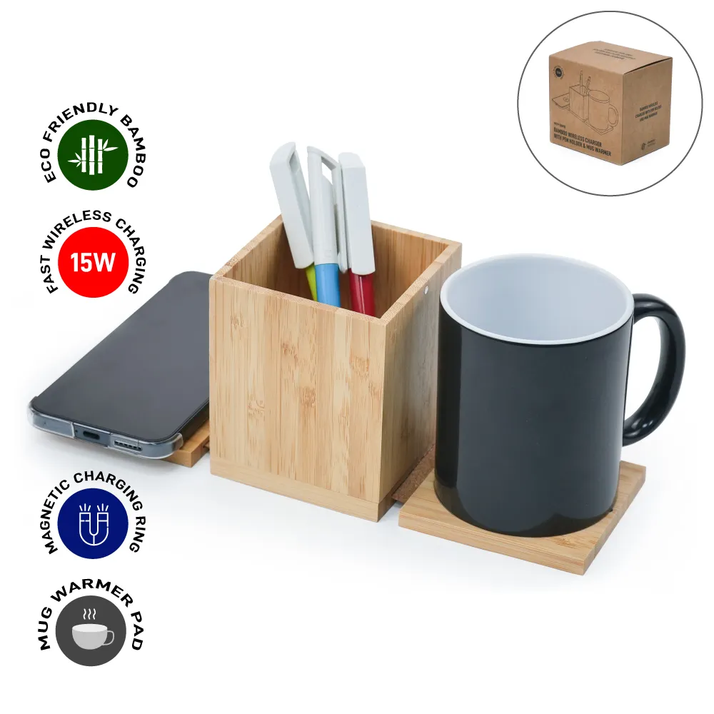 Foldable Fast Wireless Charging Pad 15W with Mug Warmer & Pen Holder