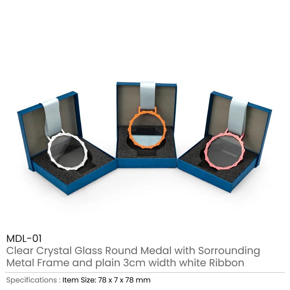 Glass Medals with Metal Frame, 3cm White Ribbon with Box 3