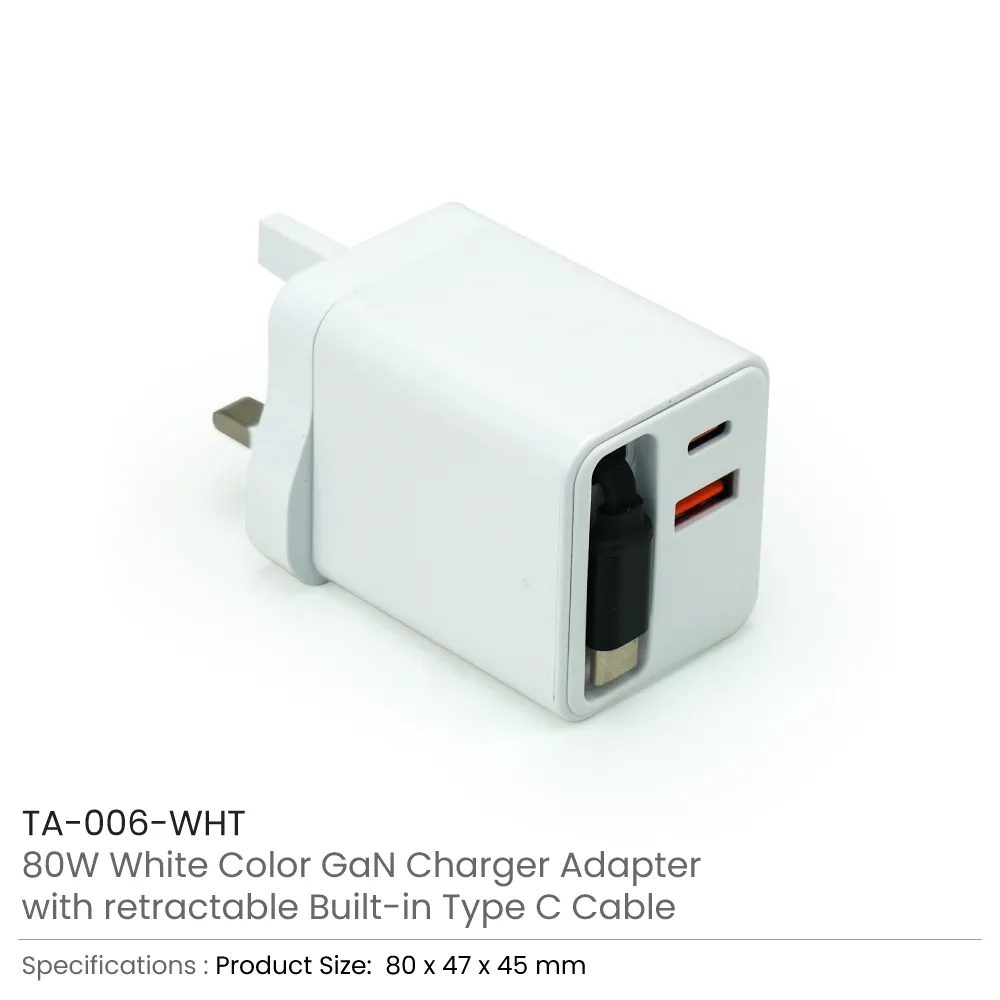 80W GaN Fast Charger Adaptor with Retractable Built-in Type-C Cable 7
