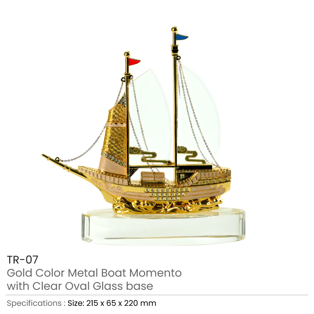 Golden Boat Shaped Memento in Metal with Glass Base in Luxury Box 3