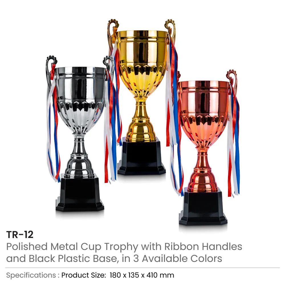 Metal Open Cup Trophies & Removable Ribbon Attached to Both Handles