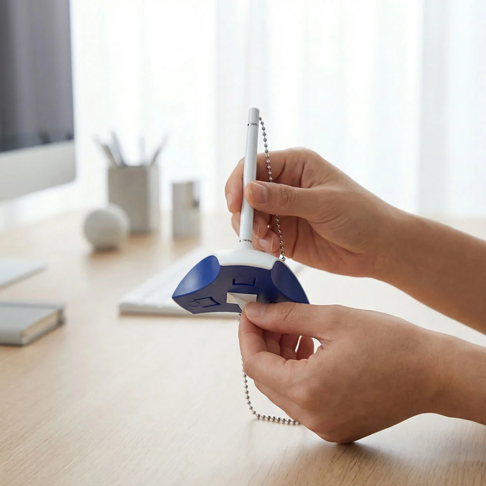 Counter Pen with Base Holder and Secured Chain – Blue Ink 3