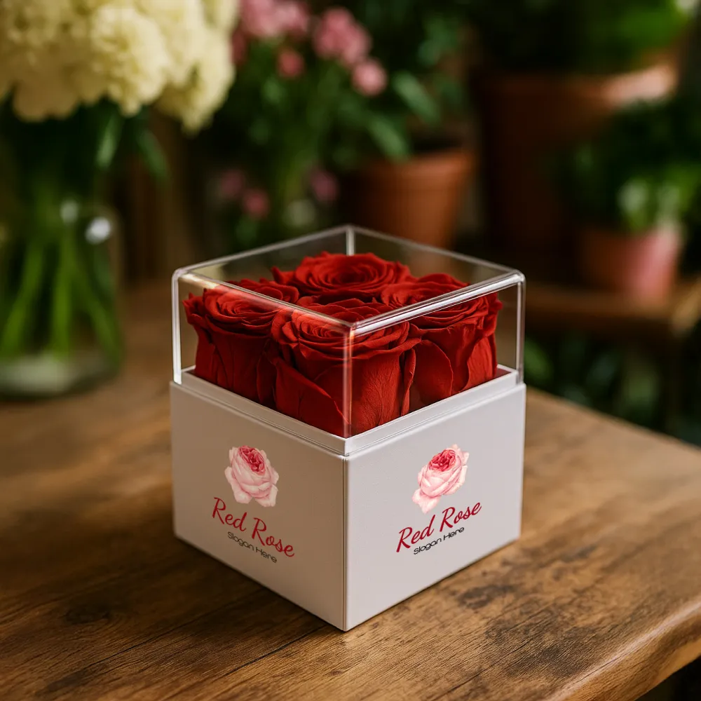 Forever Natural Flowers Gift Box White, Clear Acrylic Lid, 4Pcs Long Life Roses 7