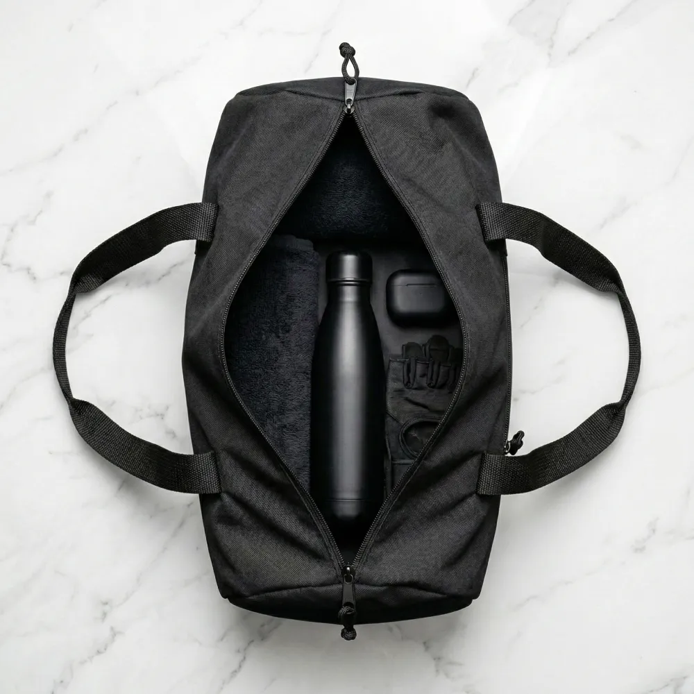 Duffle Gym Bags with Zipper Closure in Black Polyester Material 5