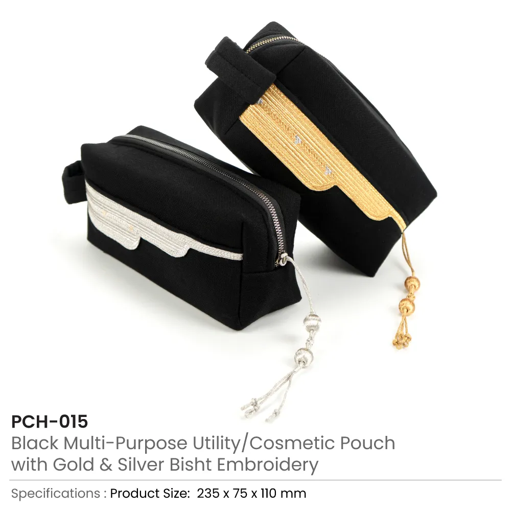 Black Multi-Purpose Utility & Cosmetic Pouch with Bisht Embroidery 3