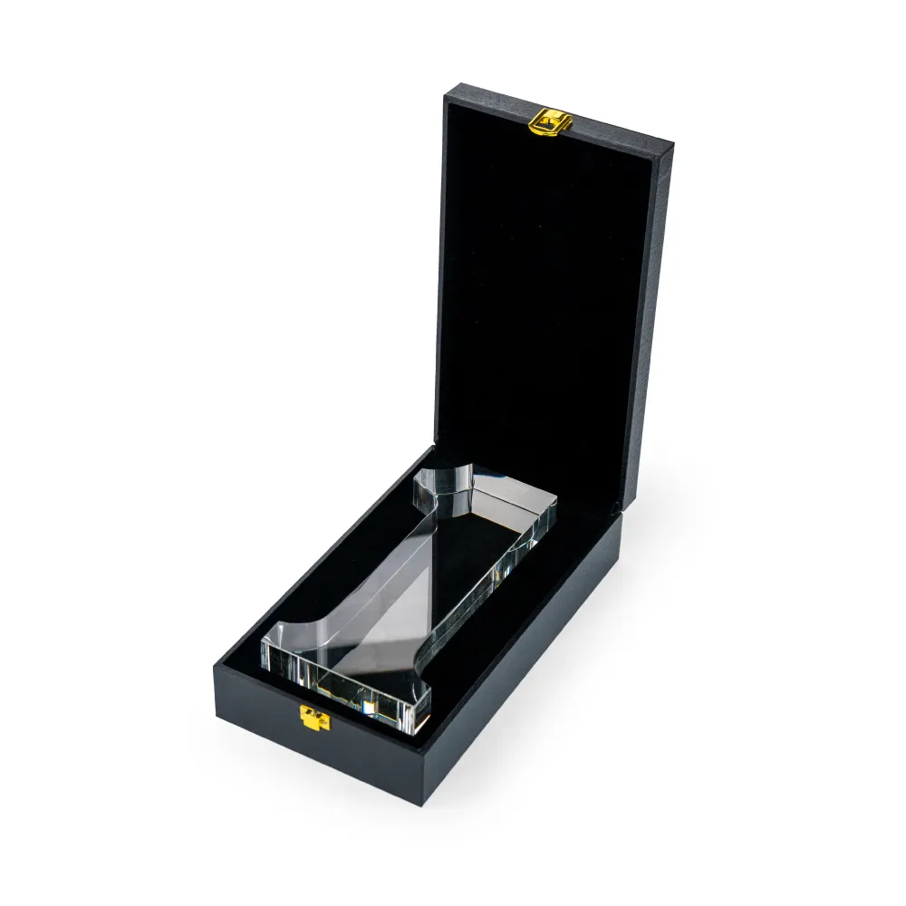 Crystal Glass Trophy in Number One Shape with Gold Lock Closure Box 4