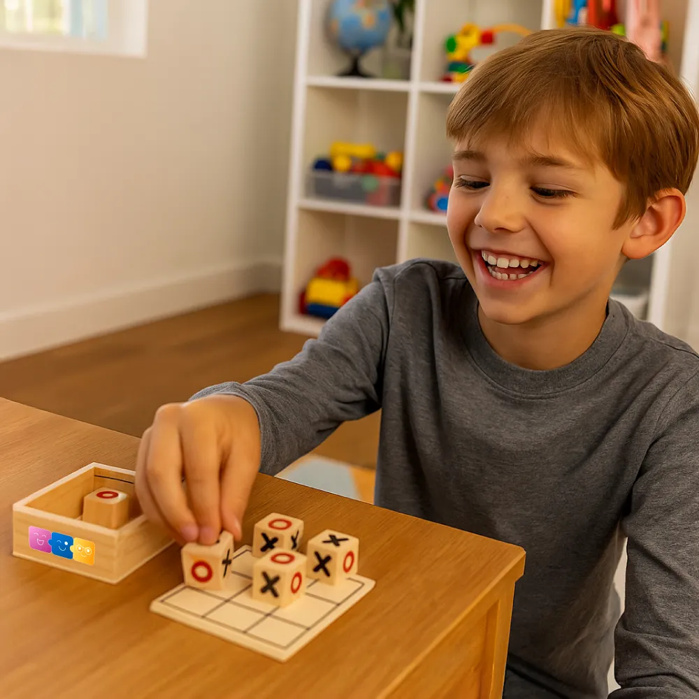 Tic-Tac-Toe Wooden Board Game with Slide Storage Box & 9 Wooden Cubes 7