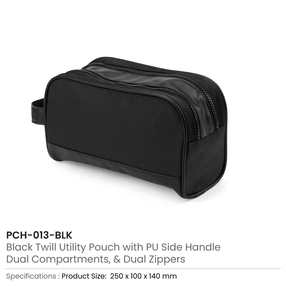 Twill Fabric Utility Pouch with PU Handle, 2 Main Zipper Compartments
