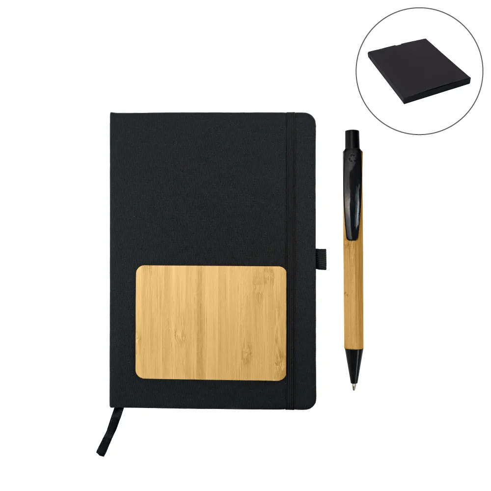 rPET and Bamboo Notebook with Pen Gift Sets in Black Cardboard Slide Box 8