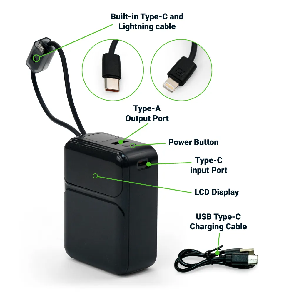 Powerbank 20K mAh with Built-in Type C, Lightning Cables, 45W Fast Charging 4