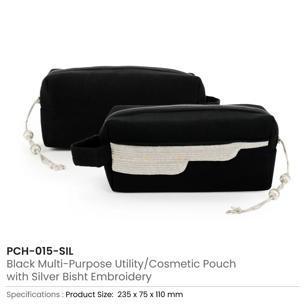 Black Multi-Purpose Utility & Cosmetic Pouch with Bisht Embroidery 6