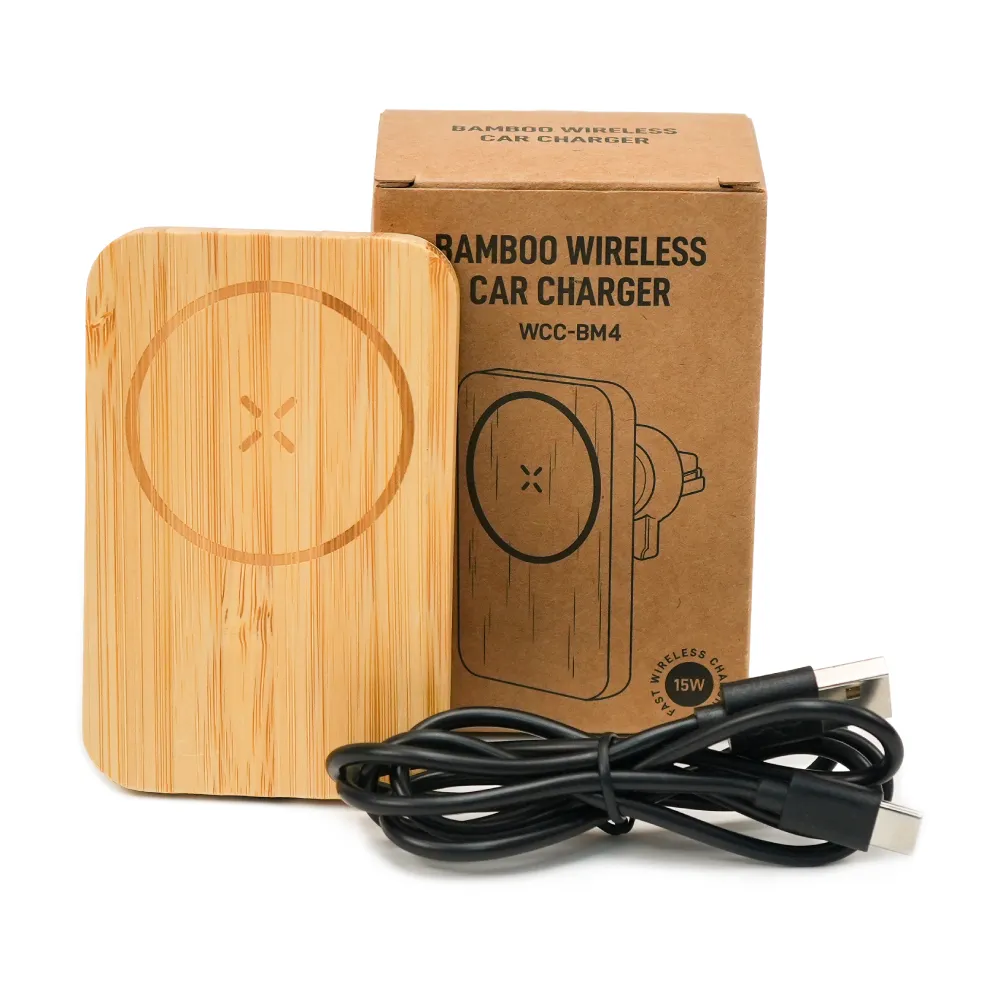 Bamboo Wireless Car Charger 15W Fast Charging & Type C 3