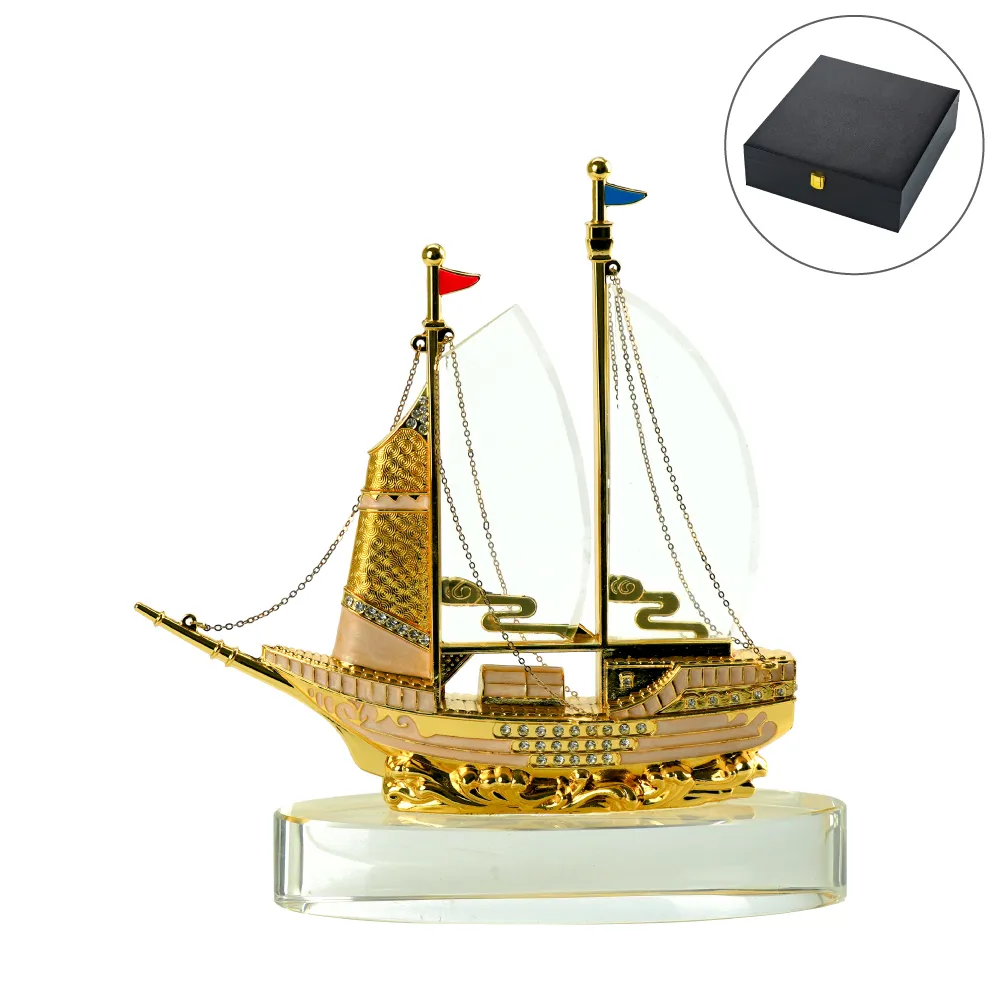 Golden Boat Shaped Memento in Metal with Glass Base in Luxury Box 4