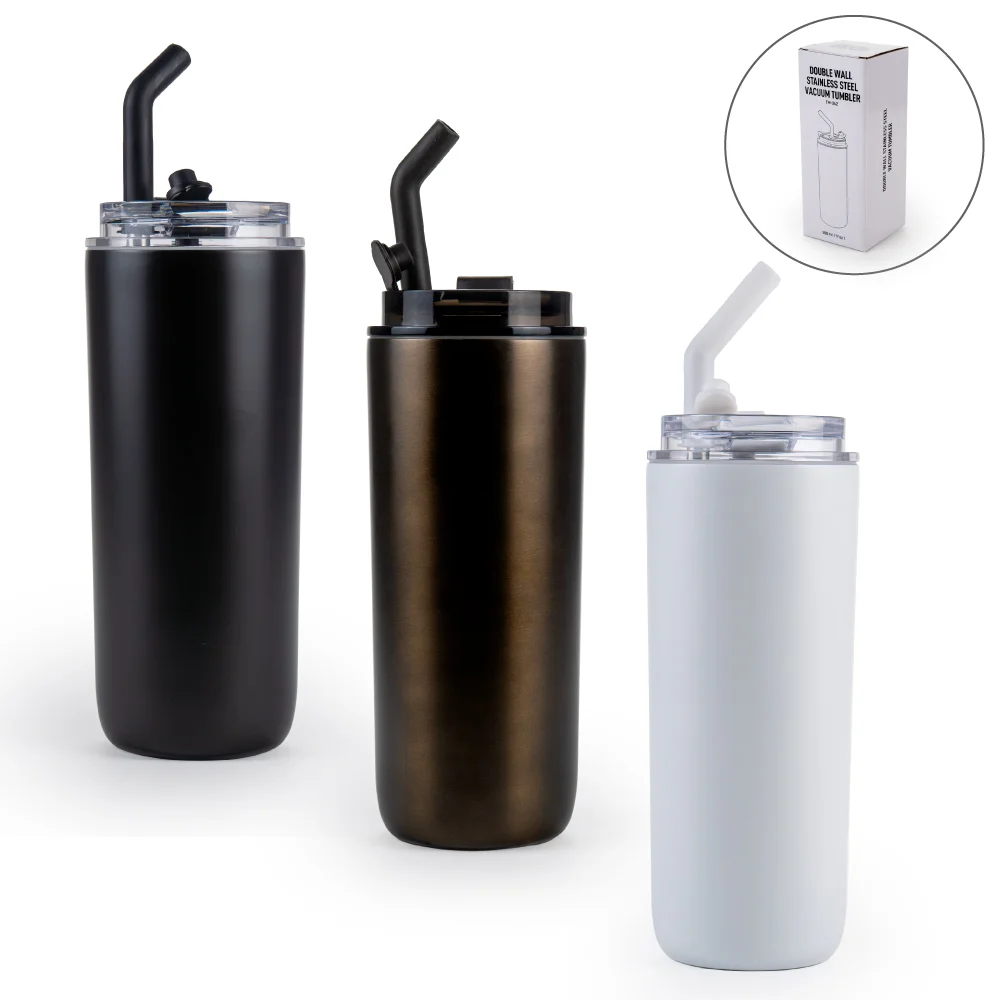 Double Wall SS Tumblers with Transparent Lid & Metal Straw – 500ml 11