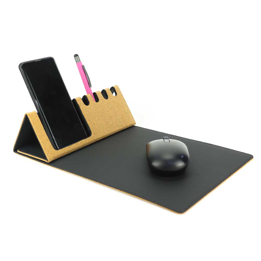 Foldable Cork+PU Mousepad with Mobile & Pen Holder  5