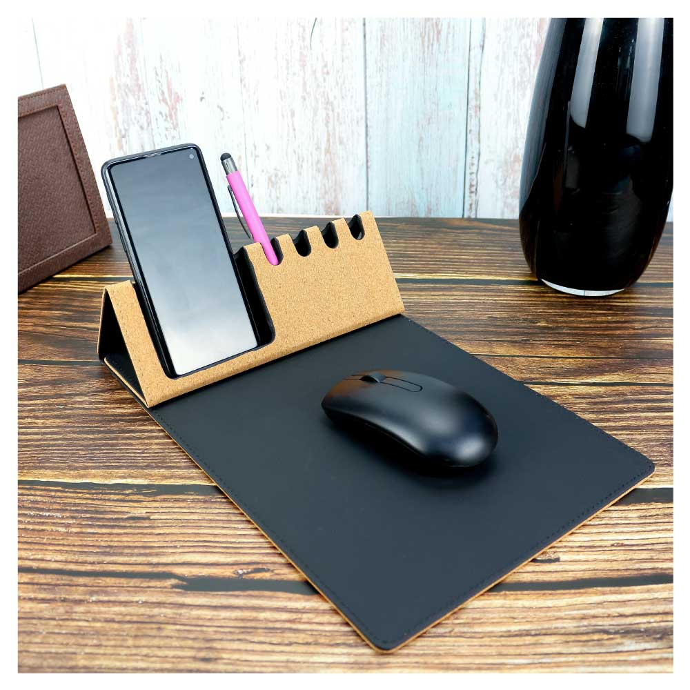 Foldable Cork+PU Mousepad with Mobile & Pen Holder  4