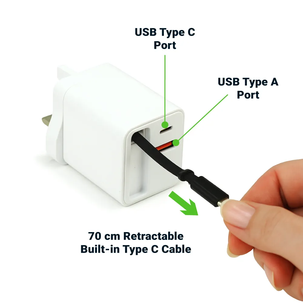 80W GaN Fast Charger Adaptor with Retractable Built-in Type-C Cable 8