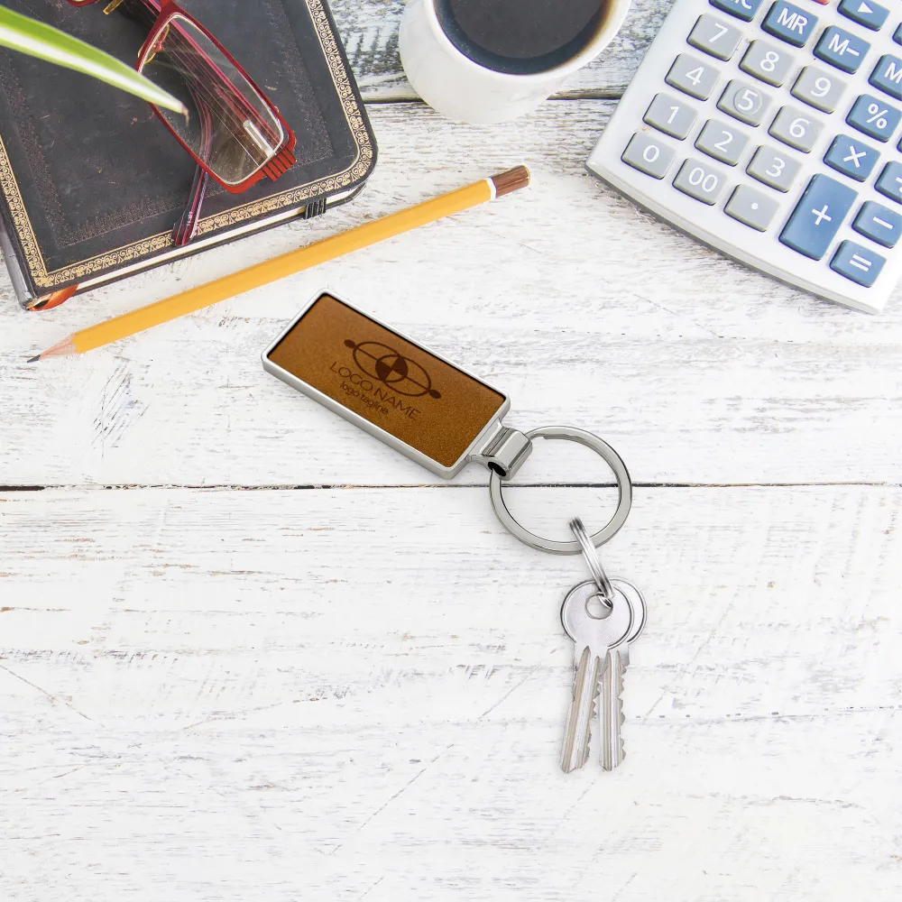 Silver Shiny Metal Keychains with Laserable PU Leather Plate 1