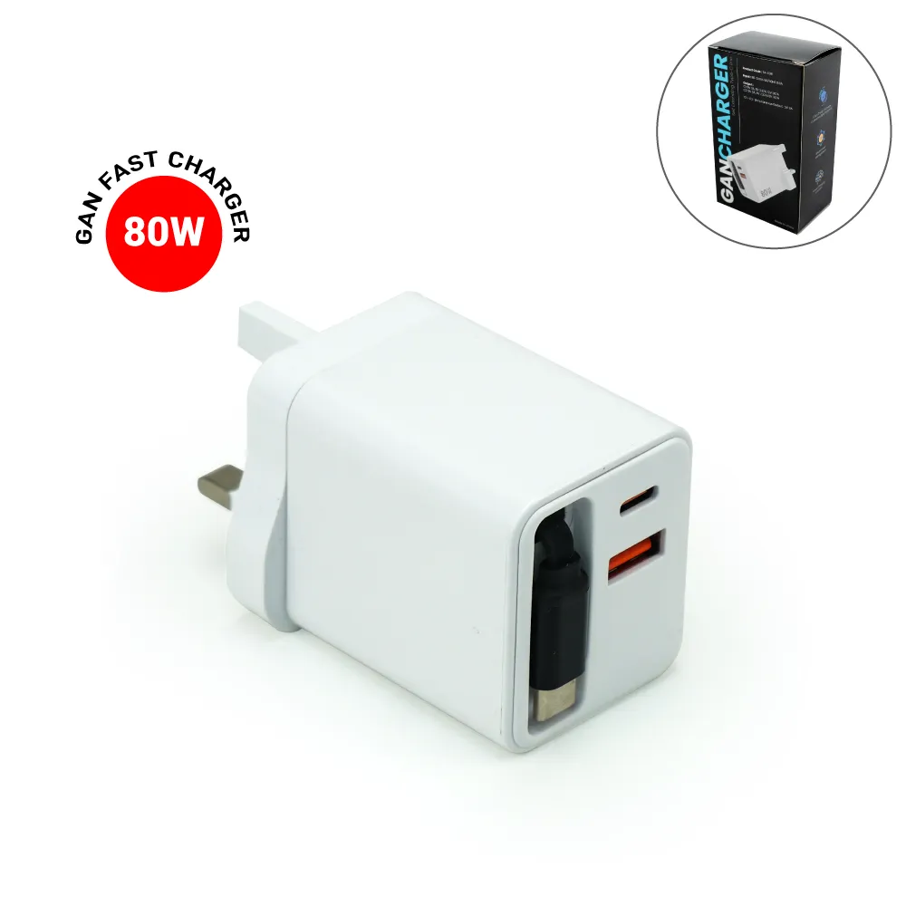 80W GaN Fast Charger Adaptor with Retractable Built-in Type-C Cable 1