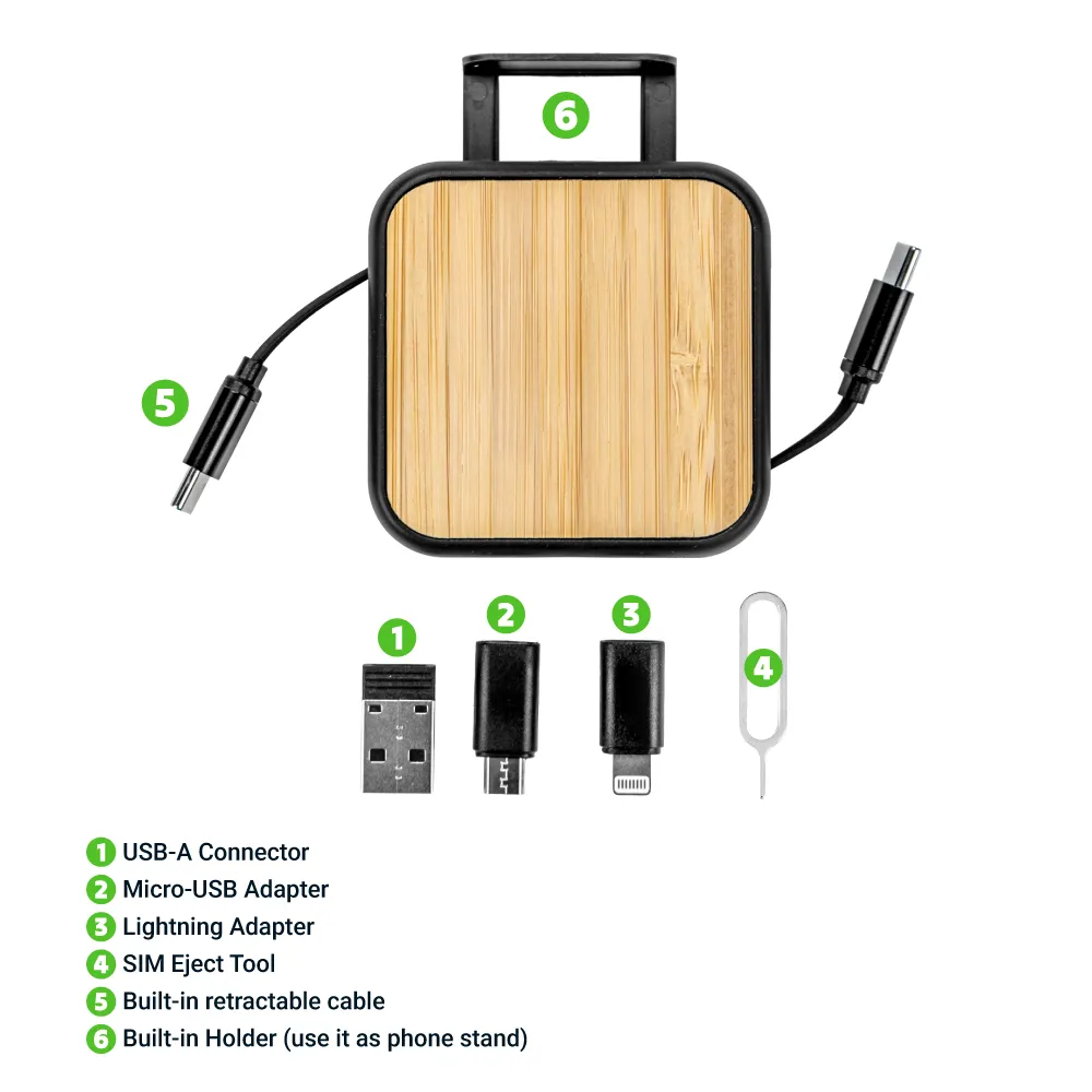 Retractable Charging Cable Set with Bamboo Top – 60W Fast Charging 6