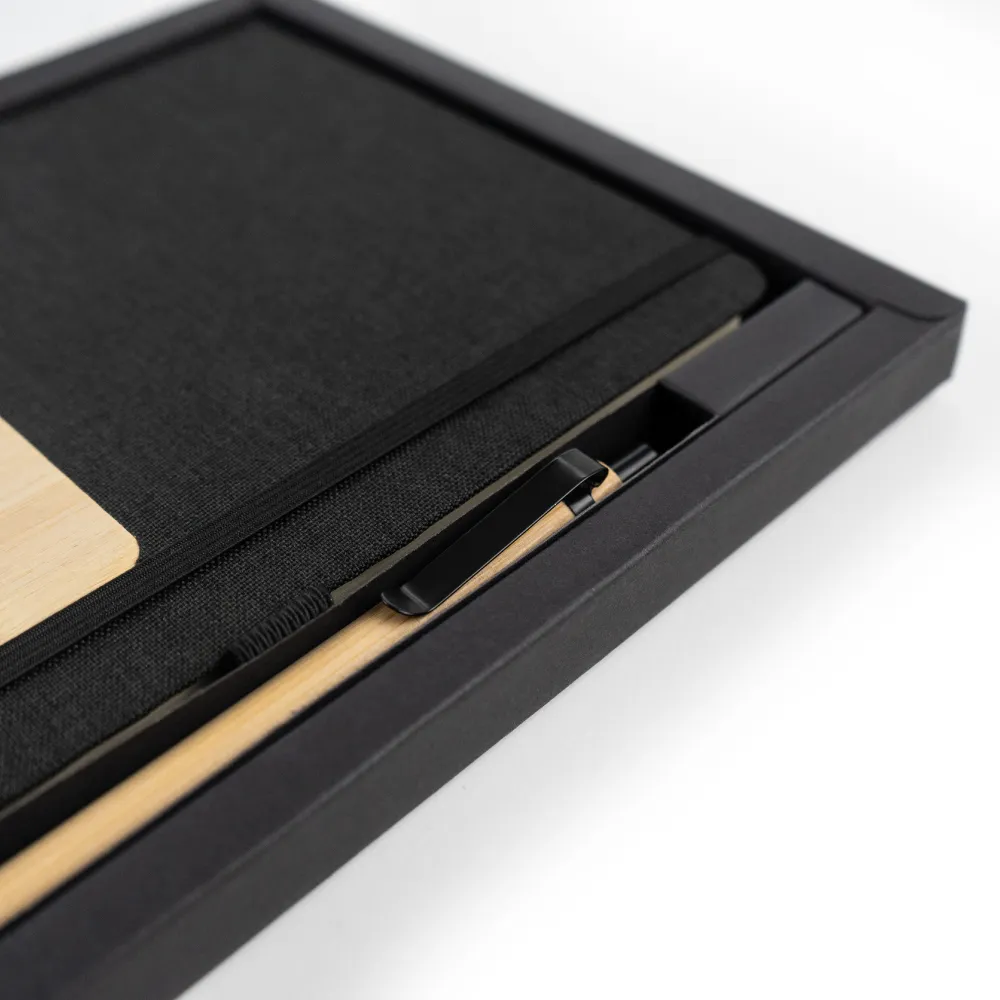 rPET and Bamboo Notebook with Pen Gift Sets in Black Cardboard Slide Box 4