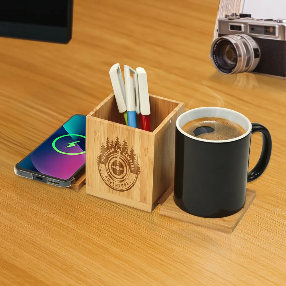Foldable Fast Wireless Charging Pad 15W with Mug Warmer & Pen Holder 9