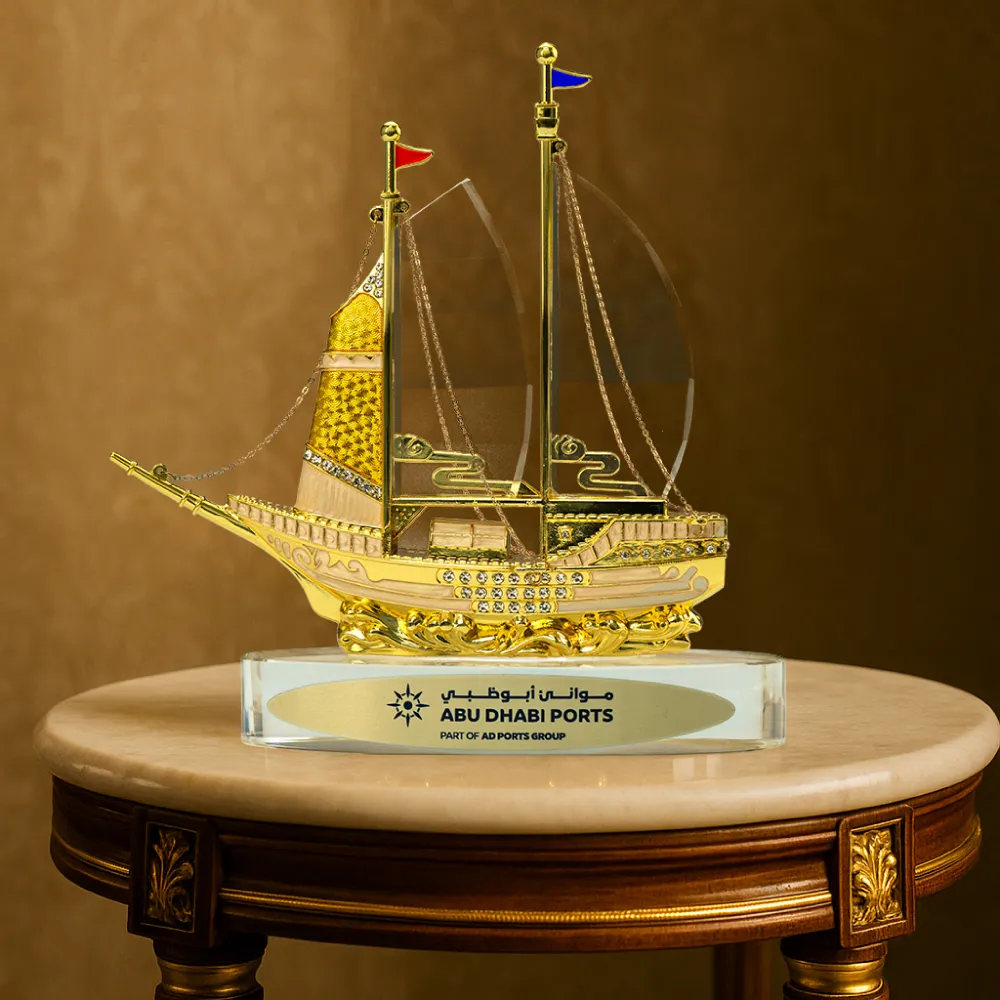 Golden Boat Shaped Memento in Metal with Glass Base in Luxury Box 6