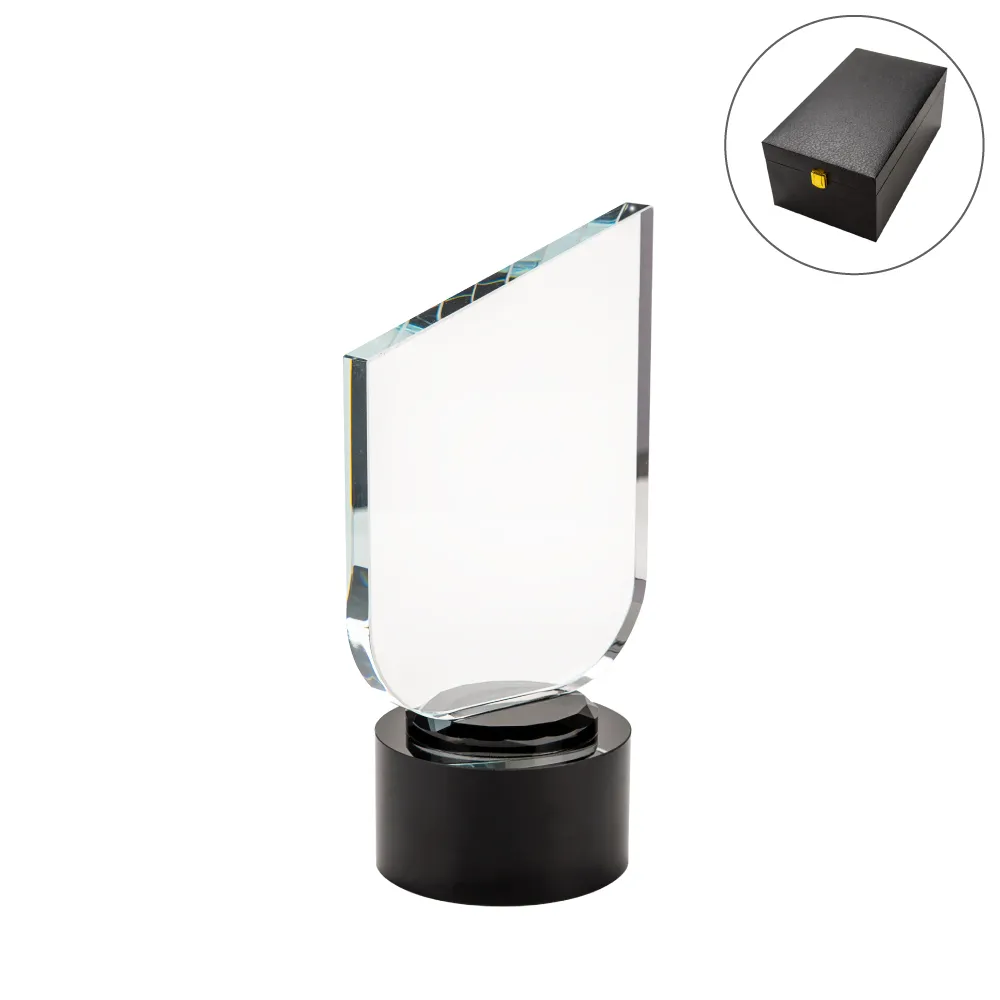 Crystal Trophy Round Black Base in Premium Fiber Box, Gold Lock Closure 3
