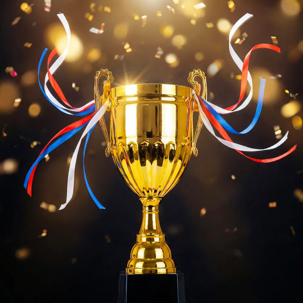 Metal Open Cup Trophies & Removable Ribbon Attached to Both Handles 7