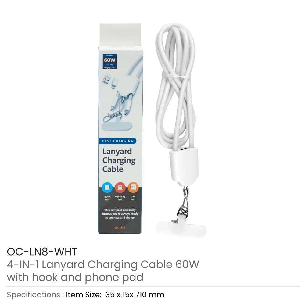 4 in 1 Lanyard Charging Cable 60W, 120cm Long with ID Hook & Phone Pad 6