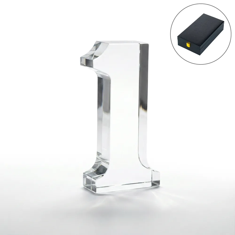 Crystal Glass Trophy in Number One Shape with Gold Lock Closure Box 7